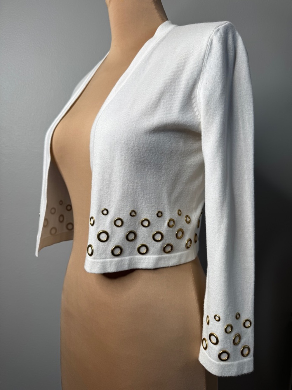 Calvin Klein White Cropped Cardigan Gold Accents